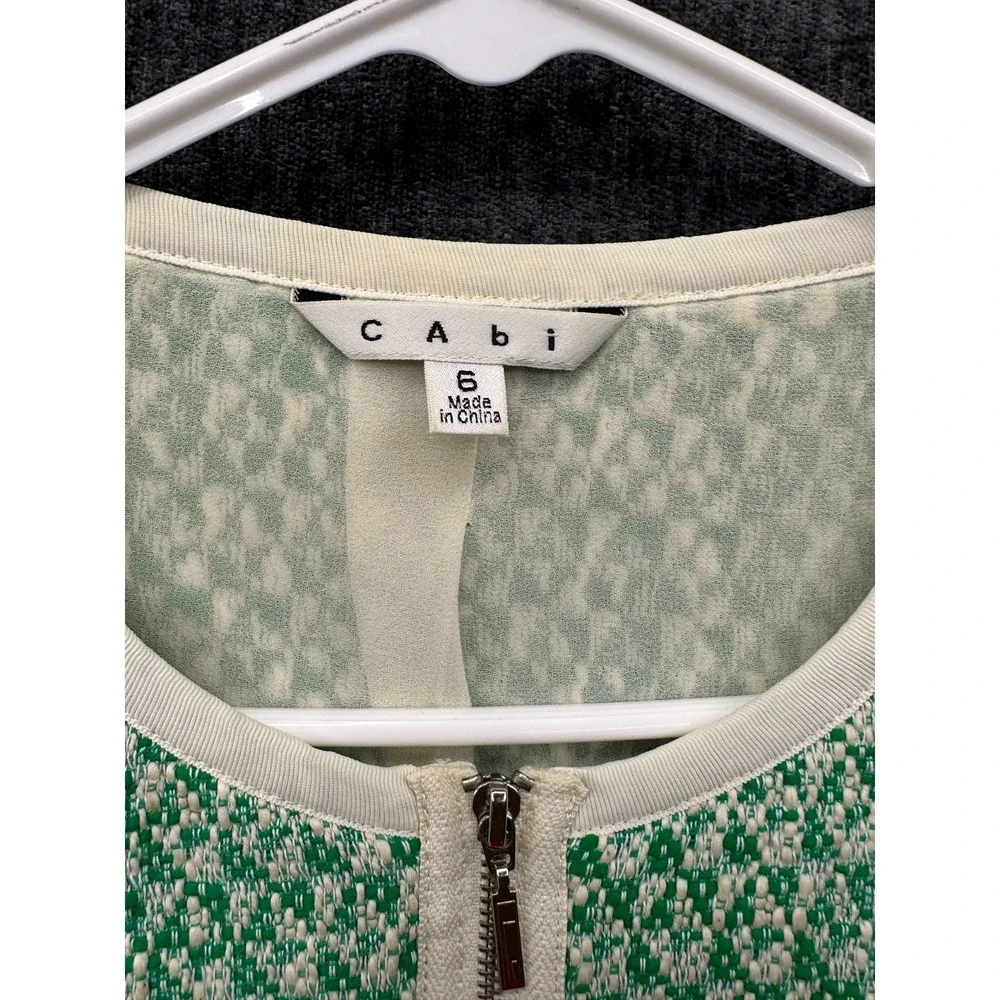 Cabi Cropped Jacket Womens 6 Green White Textured Tweed 3/4 Sleeve Full Zip‎